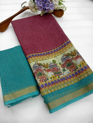 Saaransh Floral Print Kanjivaram Linen, Cotton Silk Saree(Purple)