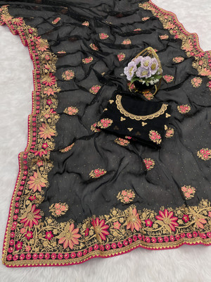 MIYANIFAB Embroidered Bollywood Lycra Saree(Black)
