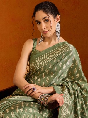 Sareemall Printed Bollywood Cotton Blend Saree(Light Green)