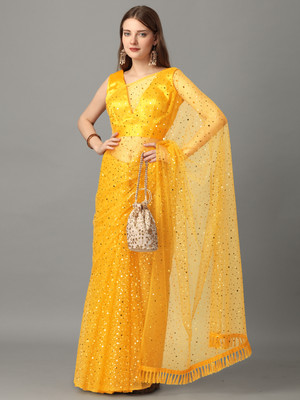 color bucket Polka Print Bollywood Net Saree(Yellow)