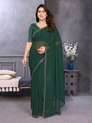 Anand Sarees Embellished, Solid/Plain, Self Design Bollywood Chiffon, Georgette Saree(Dark Green)