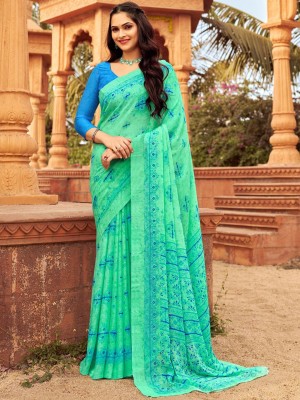 ANOUK Printed Baluchari Pure Silk Saree(Green)