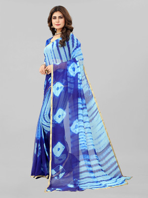 KV Fashion Hand Painted Bollywood Chiffon Saree(Light Blue, Dark Blue)