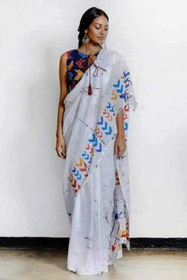 NIKHILAM Printed Handloom Pure Cotton Saree(Grey)