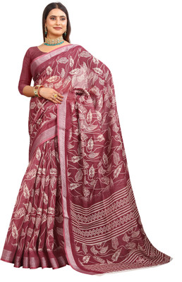 VISHNU Printed Kanjivaram Pure Cotton, Cotton Linen Saree(Maroon)