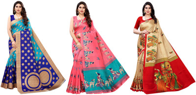 Nirvaan Printed, Woven Daily Wear Art Silk Saree(Pack of 3, Blue, Pink, Beige)