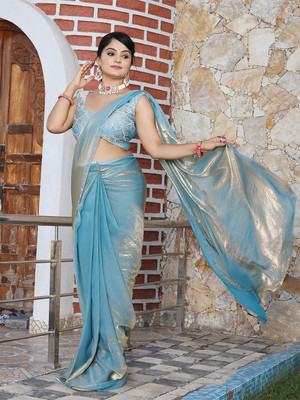 ANOUK Solid/Plain Saree with Attached Blouse Satin Saree(Blue)