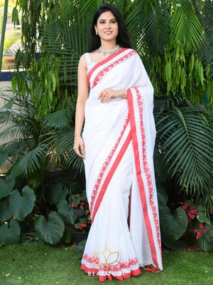 BiswasTextiles Self Design Handloom Cotton Blend Saree(White)