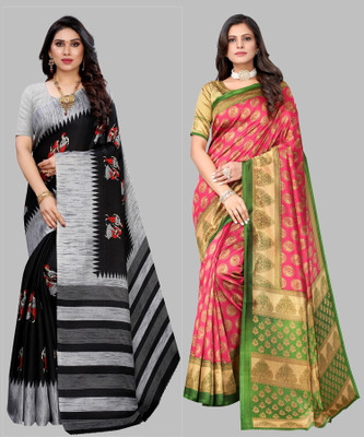 YASHIKA Floral Print, Printed, Self Design Kalamkari Art Silk Saree(Pack of 2, Black, Pink)