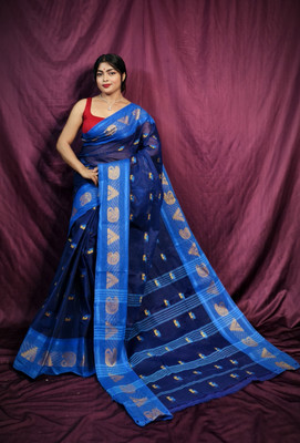 REBASAREECENTRE Solid/Plain, Woven Tant Pure Cotton Saree(Blue)