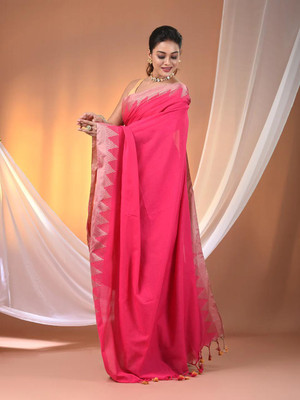 GOURISAREE Temple Border, Solid/Plain Tant Cotton Blend Saree(Pink)