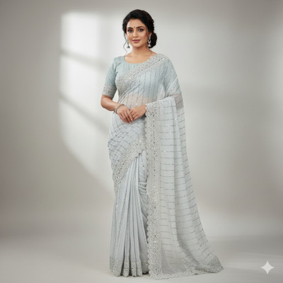 Online Bazaaar Embellished Bollywood Lycra Saree(White)