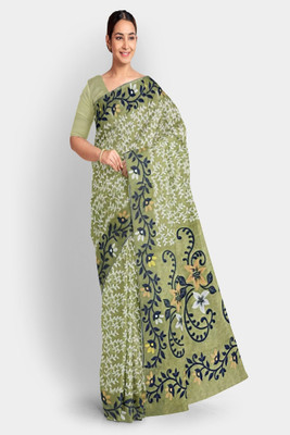 pried sale Floral Print Handloom Silk Blend Saree(Light Green)