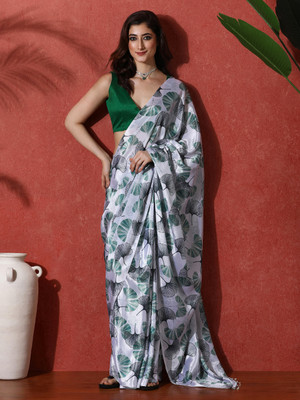 Sangria Printed Saree with Attached Blouse Satin Saree(Green)