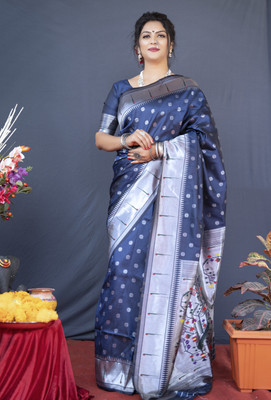 sarjan creation Self Design Paithani Pure Cotton Saree(Blue)