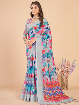 ANOUK Printed Daily Wear Linen Saree(Grey)