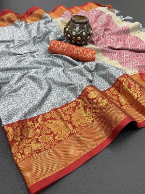 PRANJAL ART Printed Bollywood Jacquard, Art Silk Saree(Grey, Red)