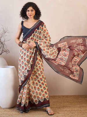 Divastri Printed Daily Wear Cotton Blend Saree(Beige)
