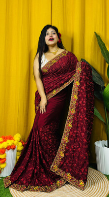 veerlaxmi Embroidered Saree with Attached Blouse Cotton Silk Saree(Maroon)