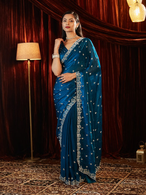 KASEE Embroidered Bollywood Silk Blend Saree(Blue)