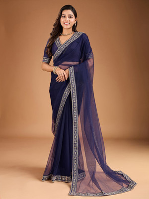 House of Pataudi Woven Daily Wear Net Saree(Blue)