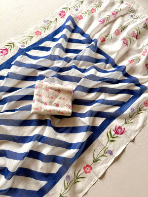 sdgratitud Striped, Floral Print, Digital Print Daily Wear Cotton Linen, Linen Saree(White, Blue)