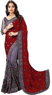 G JELLY FASHION TREE Embroidered Bollywood Net, Art Silk Saree(Maroon, Grey)