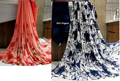 Sitanjali Floral Print Daily Wear Georgette Saree(Pack of 2, Red)