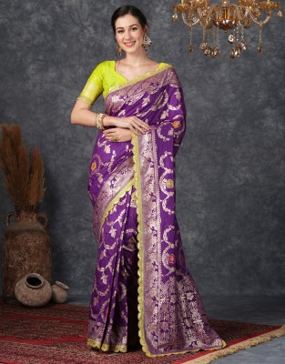 Satrani Dyed, Self Design, Woven, Embellished Banarasi Silk Blend, Jacquard Saree(Purple, Gold)