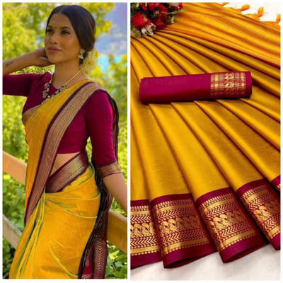 Janvi Boutique Self Design Paithani Cotton Silk Saree(Mustard)