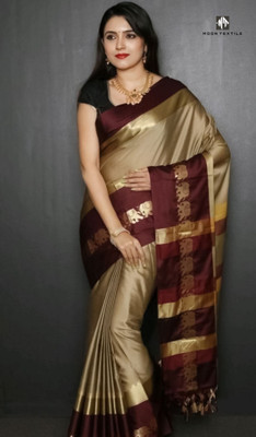 MoonTextile Temple Border Assam Silk Cotton Silk Saree(Silver)