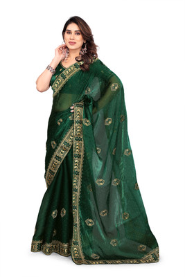 Mikhushop Embroidered Bollywood Jimmy choo Saree(Green)