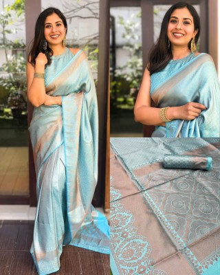 kriyafashion Embellished Banarasi Jacquard Saree(Light Blue)