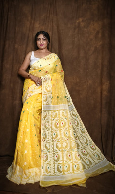Anjalisharee Printed Jamdani Art Silk Saree(Yellow)