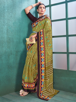 Divastri Printed Ikkat Pure Cotton Saree(Light Green)