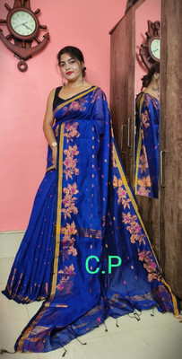 BRYNBRIT Temple Border Tant Cotton Blend Saree(Multicolor)