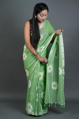 Apu handloom Printed Handloom Pure Cotton Saree(Dark Green)