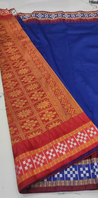 MHSareeDestination Color Block, Temple Border Sambalpuri Pure Silk Saree(Dark Green)