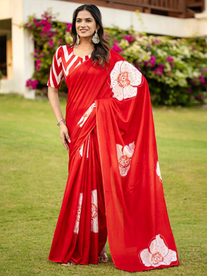 Sareemall Printed Hand Batik Cotton Blend Saree(Red)