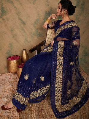 Divastri Embroidered Chanderi Net Saree(Blue)