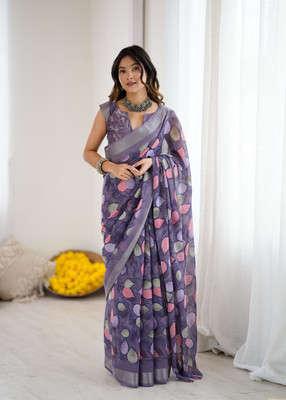 Margi Designers Printed, Floral Print Bollywood Linen Saree(Purple)