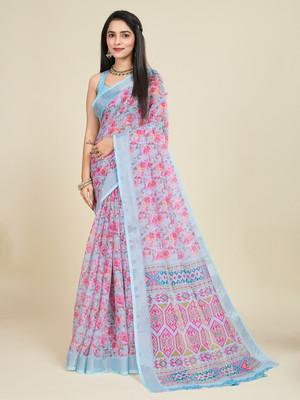 SHANVIKA Digital Print Daily Wear Cotton Linen Saree(Light Blue)