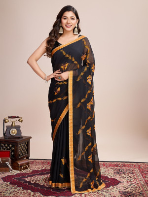 odette Embroidered Saree with Attached Blouse Georgette Saree(Black)