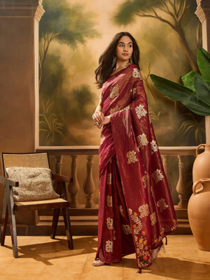 Sangria Self Design Saree with Attached Blouse Silk Blend Saree(Red)