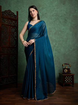 FluteFashion Self Design Bollywood Chiffon Saree(Blue)