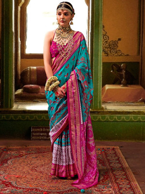 ANOUK Printed Ikkat Silk Blend Saree(Blue)