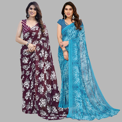 Anand Sarees Printed Daily Wear Georgette Saree(Pack of 2, Maroon, Blue)