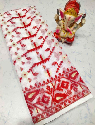 Soma Tant saree Mahal Self Design, Woven, Geometric Print Handloom Cotton Silk Saree(White)