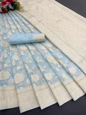 AAINA CREATION Woven Bollywood Tissue Saree(Light Blue)