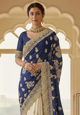 Anugrah Textile Printed Banarasi Lycra Blend, Chiffon Saree(Cream, Blue)